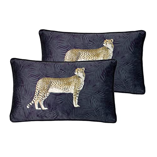 Paoletti Cheetah Forest Feather Filled Cushions (Twin Pack), Navy, 30 x 50cm