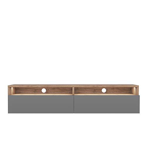 Selsey REDNAW - Modern TV Stand/TV Cabinet with 2 Drawers / 140 cm/Wotan Oak/Grey Gloss/LED lighting