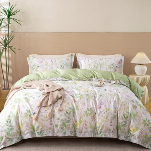 OAITE Duvet Cover Set Queen Size Floral Pattern Ultra Soft 100% Cotton Duvet Cover Sets 3-PC, Breathable Duvet Cover with Zipper Closure & Corner Ties(2 Pillow Shams,1 Duvet Cover)