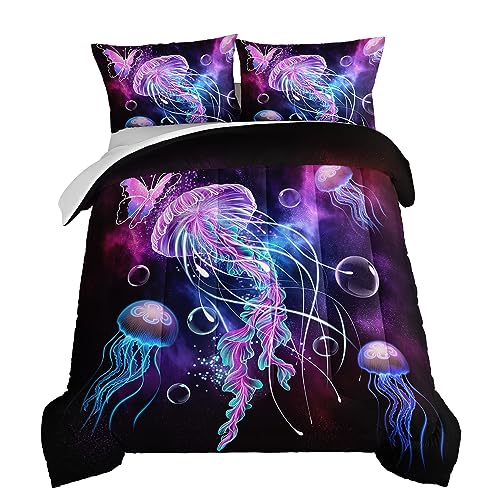 HOSIMA Jellyfish Printed Twin Comforter Ocean Theme Bedding Set 3 Piece,Universe Starry Sky Comforter Twin Bed in a Bag Galaxy Bedding Room Decor Butterfly Comforter for Kids Teens Adult.