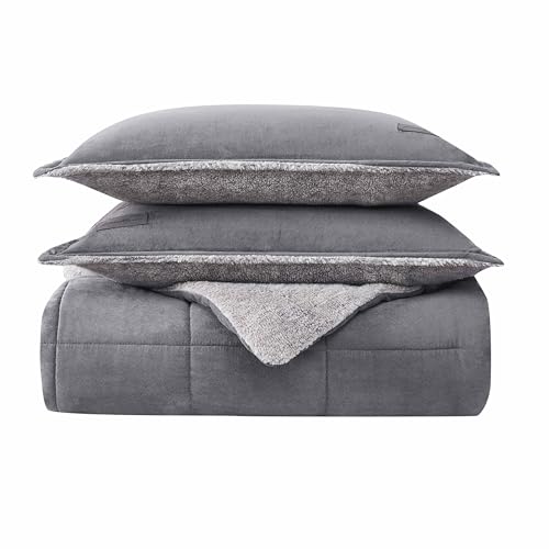 Eddie Bauer Reversible Sherpa Bedding with Matching Shams, Cozy & Warm Home Decor, Oeko-Tex Certified, 100% Polyester Fleece, Grey, Queen