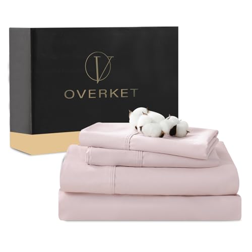 Overket Egyptian Cotton Sheets Full Size 4PCS 1000 Thread Count Sateen Weave Soft Breathable 16-Inch Deep Pocket ???Full,Light Pink???