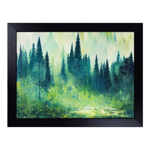 Lap Tray with Bean Bag Cushion, Watercolour Pine Tree Forest - Handmade in the UK, Raised Wooden Edge, Padded Cushion, Heat-Resistant Wipe-Clean Surface, for Meals, Laptops and Crafts