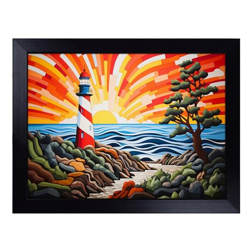 Lap Tray with Bean Bag Cushion, Lighthouse Op Art - Handmade in the UK, Raised Wooden Edge, Padded Cushion, Heat-Resistant Wipe-Clean Surface, for Meals, Laptops and Crafts