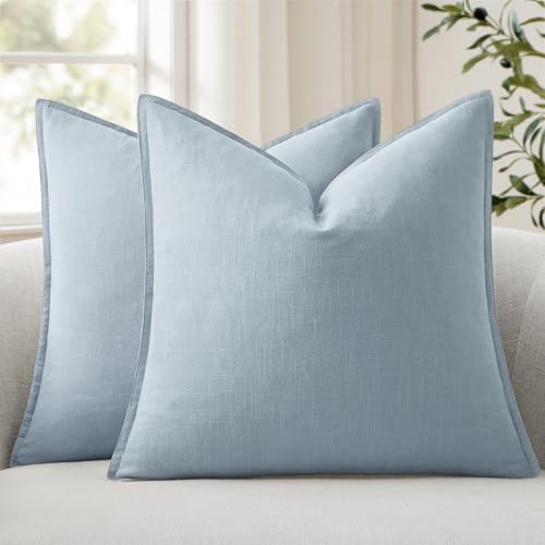 ANRODUO Pack of 2 Decorative Linen Pillow Covers Light Blue Euro Sham Neutral Farmhouse Boho Soild Cushion Case Soft Accent Pillowcase for Couch Sofa Bedroom Living Room Home Decor 24 x 24 Inch