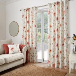 Dreams & Drapes - White & Red Floral Curtains W66 x L54 (168 x 137cm) - Coral Red Flower Eyelet Curtains - Traditional/Botanical Drapes for Living Room & Bedroom - Nadia Collection