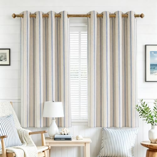 DriftAway Farmhouse Stripe Blackout Curtains, W52xL54, Navy Blue - Blackout, Linen Texture, Stripe Pattern, Rod Pocket & Back Tab, Two Layers, Bedroom Living Room Use, Sound Reducing Design