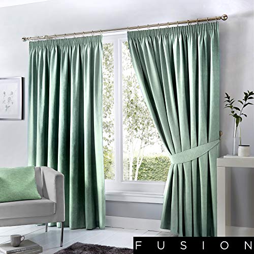 "Fusion Pencil Pleat Blackout Curtains – Duck Egg Blue – W46 x L72"" (117 x 183cm) – 100% Cotton – Thick Weave – Thermal & Soundproof Drapes – 2 Panels – Pleated Curtains for Bedroom/Living Room"