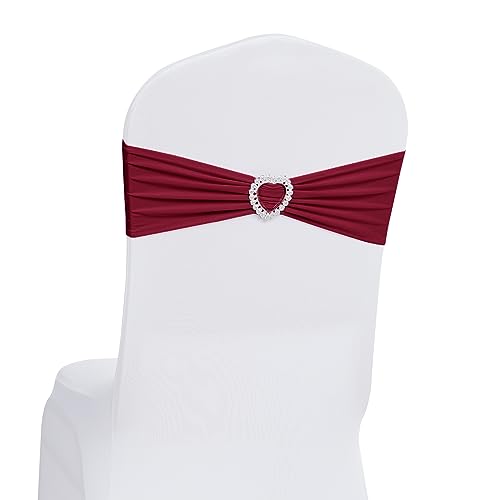 Howhic Pack of 60 Spandex Chair Sashes Bows Stretch Chair Cover Band with Buckle Slider Universal Elastic Chair Ties for Wedding Banquet Party Event Decoration (Burgundy)