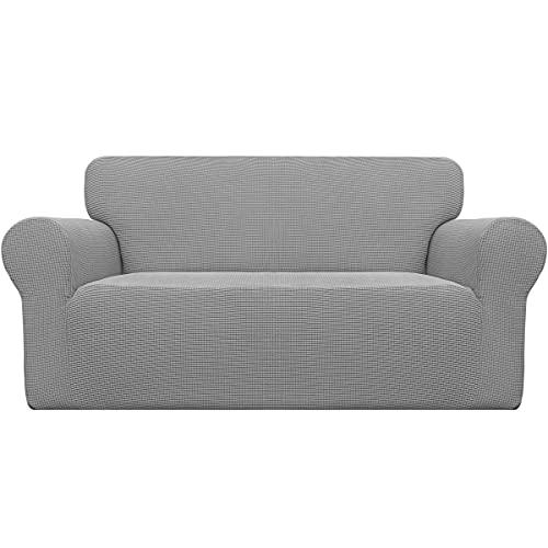EasyGoing Stretch Couch Cover 1 Piece Furniture Protector Soft Elastic Bottom for Kids Polyester Spandex Jacquard Fabric Fine Plaid Loveseat Light Grey