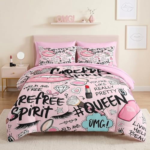 Pamnest Comforter Set Twin Size, Makeup Pink Queen 5 Pcs Bedding for Kids and Adults, Women Diamond Cute Bed Sheet Sets with Fitted Sheet Pillowcase & Sham for Bedroom Bed Decor