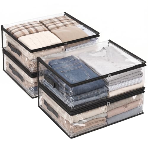 Fixwal 4pcs Clear Storage Boxes, 35L/9.5Gal, PVC Fabric, Zipper, for Clothes, Blankets, Bed Sheets, Closet Organizer