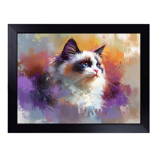 Lap Tray with Bean Bag Cushion, Ragdoll Cat Illustrated - Handmade in the UK, Raised Wooden Edge, Padded Cushion, Heat-Resistant Wipe-Clean Surface, for Meals, Laptops and Crafts