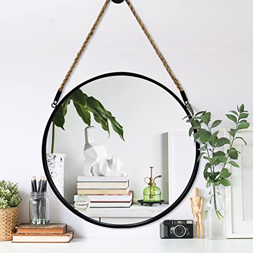 "POZINO Round Hanging Mirror, 20"" Rope Wall Mirror, Black Metal Frame, Farmhouse Decor for Bathroom, Bedroom, Living Room, Entryway"