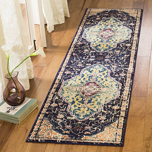 Safavieh Boho Chic Indoor Woven Runner Area Rug, Monaco Collection, MNC249, in Black / Blue, 66 X 244 cm for Living Room, Bedroom or Any Indoor Space