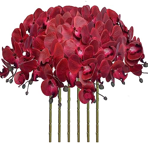 FagusHome 32 Inch Artificial Phalaenopsis Flowers 6 Pcs Artificial Orchid Flowers Stem Plants for Home D??cor (Red)