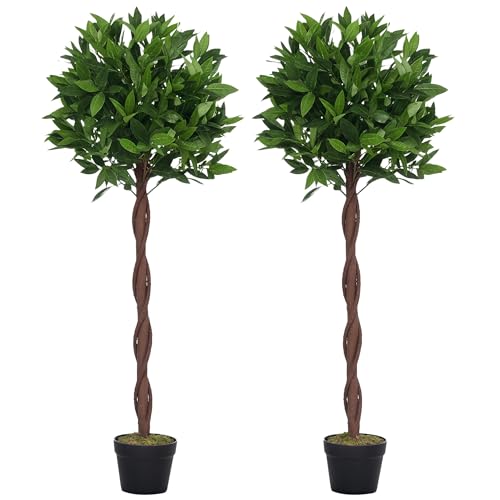 Outsunny Artificial Bay Laurel Topiary Trees with Twisted Trunk, Realistic Lush Topiary Ball Tree with Weighted Pot, 120cm Indoor Greenery Plant for Home Office Garden Decor, Set of 2, Green