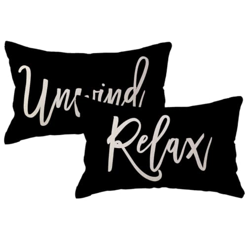 ULOVE LOVE YOURSELF Relax&Unwind Throw Pillow Covers 12x20 Farmhouse Spring Summer Decorative Lumbar Pillowcases Porch Patio Cushion Covers 2Pack for Bedroom Living Room Sofa Couch Home Decor (Black)