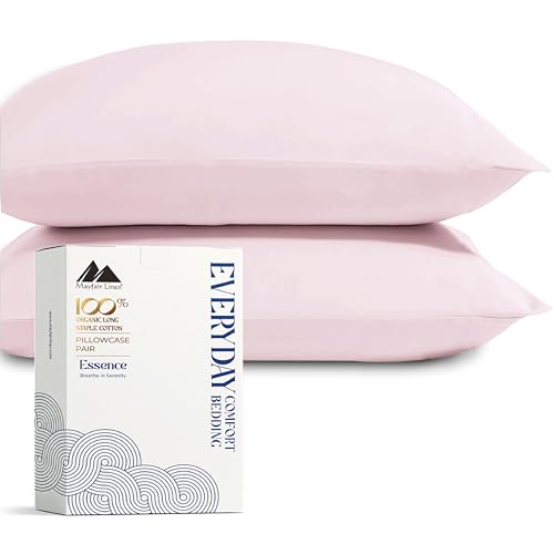 Mayfair Linen 100% Organic Cotton Percale Pillow Cases Standard/Queen Size Set of 2 - Percale Pillowcases Standard/Queen, Soft Cooling Pillow Cases for Sleeping, Cotton Pillow Covers - Blush