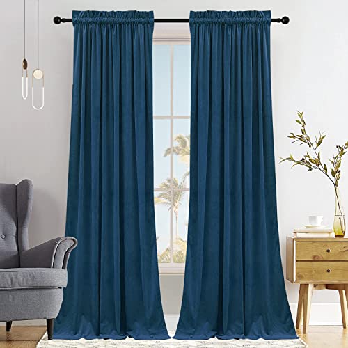SMILETIME Navy Blue 96in Long Velvet Curtains with Rod Pocket Thermal Insulated Soft Privacy Light Filtering Velvet Drapes for Bedroom and Living Room, Set of 2 Panels, 52 x 96 Inches Long