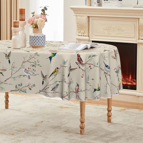 Horaldaily Spring Tablecloth 60 x 84 Inch Oval Birds Branch Beige Floral - Seasonal Washable Table Cover for Party Picnic Dinner Decor