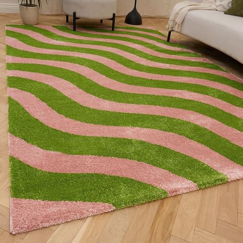 THE RUGS Joli Area Rug - Soft Dense Pile Modern Artistic Design, Durable & Easy Care Carpet for Living Room & Bedroom - Striped Green & Pink, 120 x 170 cm
