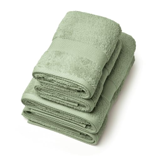 Pure Cotton Set of 4 Bath Towels 570 g/m² - Oeko-TEX Certified - Machine Washable at 40°C - 2 Towels (50 x 100 cm) + 2 (70 x 140 cm) - Almond Green