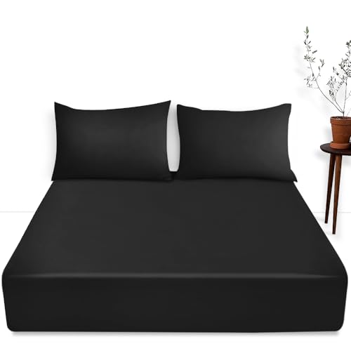 Luxury Bedding Fitted Sheet Double - Plain Dyed Black Bed Sheet - Polycotton Deep Pockets Bedsheet 16 inch (40 cm) - Machine Washable