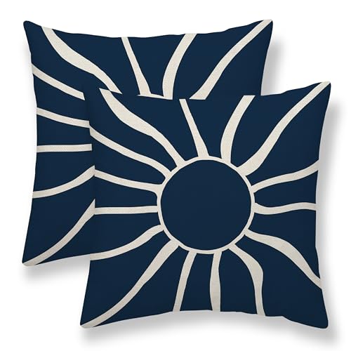 Boho Sun Pillow Covers 18x18 Set of 2, Outdoor Navy Blue Bohemian Sunset Sunshine Decorative Throw Pillow Covers Linen Farmhouse Abstract Sunrise Cushion Case for Home Couch Sofa Decor