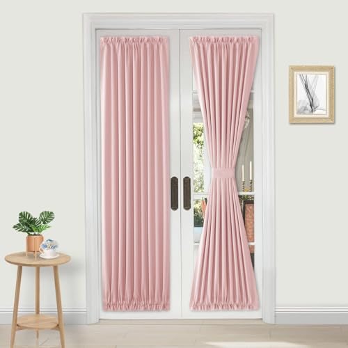 DWCN French Door Curtains ??? Rod Pocket Thermal Blackout Curtain for Window/Patio Doors/Doorways/Classroom/Kitchen for Privacy, 36W by 80L Inches, 1 Panel with Tieback, Blush Pink