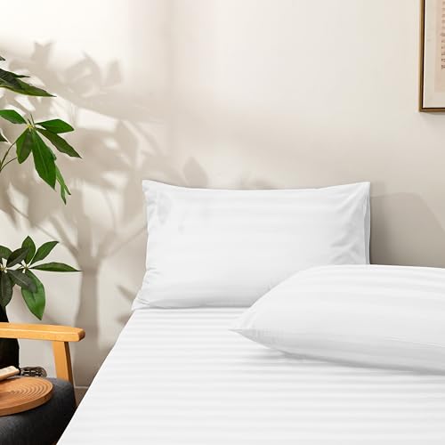 NookZuzu White Stripe Fitted Sheet Pillowcase Set,Cotton Full Fitted Sheet and Pillowcase Set,Organic Cotton Deep Pocket Fitted Sheets,3 Piece Bed Sheet Set,NO Flat Sheet Included,Soft and Cooling