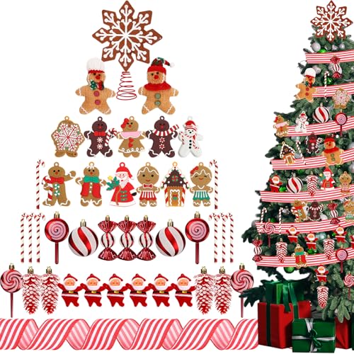 Halfchet 43 Pcs Christmas Tree Hanging Decorations Christmas Day Tree Ornaments Ribbon Candy Gingerbread Figurine Pendants Santa Claus Red and White Hanging Ornaments for Holiday Party Decoration