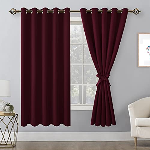 Hiasan Grommet Blackout Curtains for Bedroom, 60 x 72 Inches - Thermal Insulated & Light Blocking Window Drapes for Living Room/Dorm Room Christmas Decor, Set of 2 Panels Sewn with Tiebacks, Burgundy