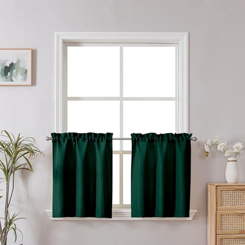 Chyhomenyc Christmas Hunter Green Curtains 30 Inch Length, Faux Linen Textured Small Cafe Curtain Tiers, Light Filtering Short Curtains for Bathroom Window, 30x30 Inch, 2PCS