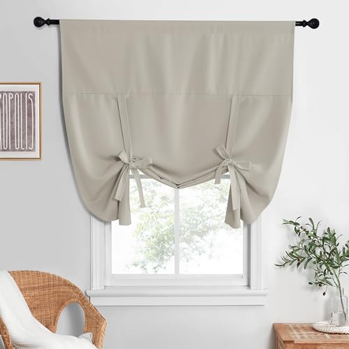 NICETOWN Blackout Tie Up Curtain Energy Efficient Window Shades Adjustable Height Rod Pocket Panel for Living Room, Short Blackout Valances for Kitchen (Natural, 52W x 63L, Set of 1)