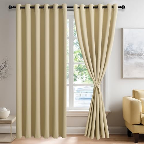 JIUZHEN Light Beige Blackout Curtains with Tiebacks - Thermal Insulated, Light Blocking and Noise Reducing Grommet Curtains for Bedroom and Living Room, 2 Panels, 70 x 84 Inch Length