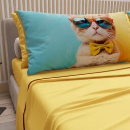 PETTI Artigiani Italiani - Animal Bed Linen with Cats in Cotton with Pillowcases in Digital Print, Single Bed Sheet, Yellow Single Bed Set, 100% Made in Italy