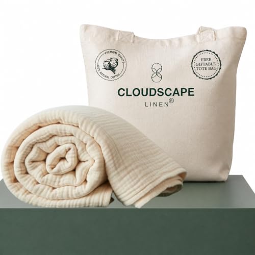 Cloud Scape Linen Cotton Blanket for Bed Soft Large 4 Layer Muslin Bed Blankets Lightweight Breathable Blanket All Season Gauze Blanket (Ivory, Throw (50x70))