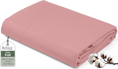 "Royale Linens 100% Organic Cotton Full Flat Sheet Only - Super Soft - Percale Top Sheets - Full Flat Sheet Sold Separately - Breathable, Cool & Crisp Pink Sheets Only (81"" x 96"", Pink)"