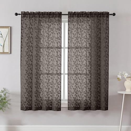 "Chyhomenyc Chocolate Short Curtains 45 Inch Length 2 Panels, Light Filtering Leaf Textured Window Curtain Panels for Bedroom Living Room, Elegant Rod Pocket Farmhouse Curtains, 30"" Wx45 L, 2 PCS"