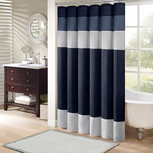 "Madison Park Bathroom Shower Faux Silk Pieced Striped Modern Microfiber Bath Curtains, Polyester, Navy, 72"" W x 72"" L (Pack of 1)"