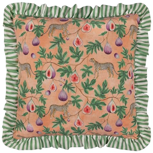 furn. Wylder Tropics Okara Leopard And Fig Printed Ruffle Cushion Cover - Peach/Green - 50x50cm