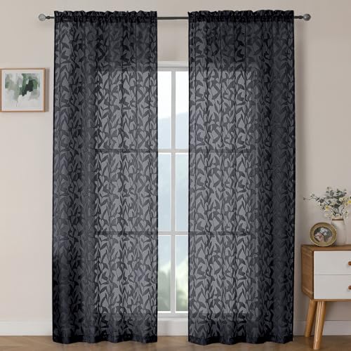 OWENIE Leyna Black Sheer Curtains 90 Inches Long for Bedroom 2 Panels Set, Light Filtering Jacquard Clip Textured Long Semi Living Room Curtains, Airy Leaves Rod Pocket Farmhouse Drapery, 40Wx90L Inch