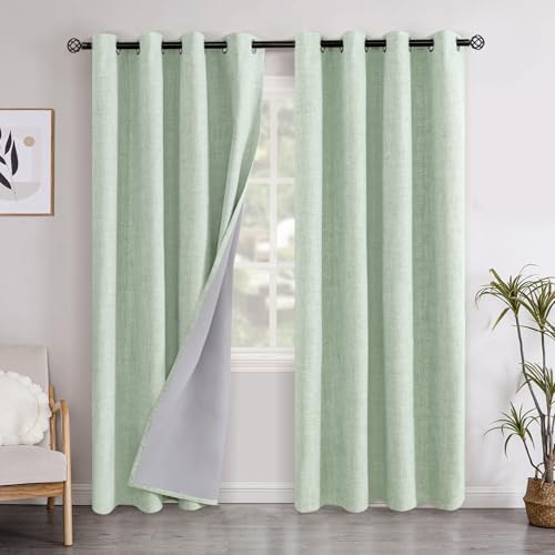 YoungsTex Sage Green Blackout Linen Curtains 84 Inch Length for Living Room, Rustic Thermal Insulated Drapes Room Darkening Treatments with Grommet for Bedroom, 2 Panels, 52 X 84 Inch