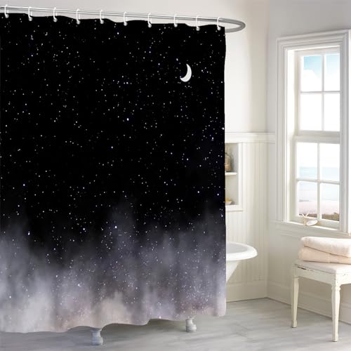 Yanutan Midnight in The Mist Shower Curtain, Starry Sky Moonlit Night Shower Curtain Set for Bathroom, Fabric Bath Curtain with Hooks, 72x72inches