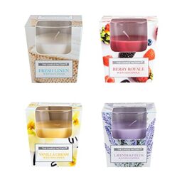 Immerse Creations (4-Pack) Assorted Scented Candle Set in Glass Cup Jar - Fresh Linen, Berry, Vanilla, Lavender, 3 Oz, (GLASS4)