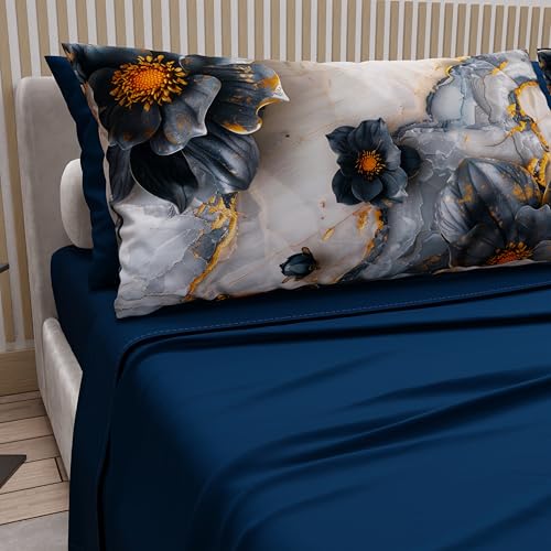 PETTI Artigiani Italiani - Cotton Sheets with Pillowcases in Digital Print, Single Bed Sheet, Single Bed Set, Floral 18 Midnight Blue, 100% Made in Italy