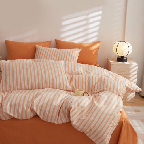 EAVD Modern Style Orange Striped Duvet Cover Twin Soft Washed Cotton White Orange Striped Bedding Set with 2 Pillowcases Farmhouse Reversible Geometric Duvet Cover with Zipper Closure