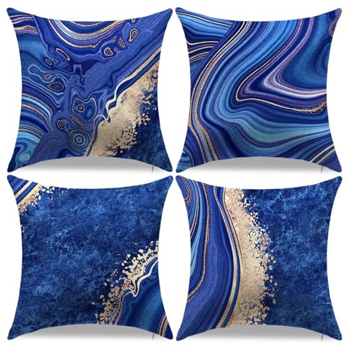 LDJRSY Royal Blue Throw Pillow Covers 18x18 Set of 4 - Modern Gold Marble Texture for Living Room Couch Sofa
