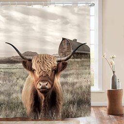 AMBZEK Highland Cow Farmhouse Shower Curtain 60 x 72 Inch (WxL) Rustic Bull Western Farm Animal Country Longhorn Texas Artwork Fabric Polyester Bathroom Decor Set with 12 Hooks